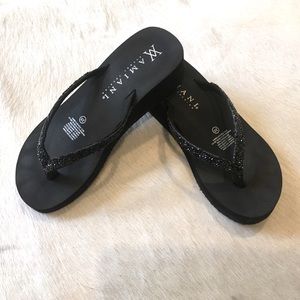 Black rhinestone platform wedge flip flops